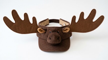 Fototapeta premium Brown plush moose visor hat with antlers isolated on white background