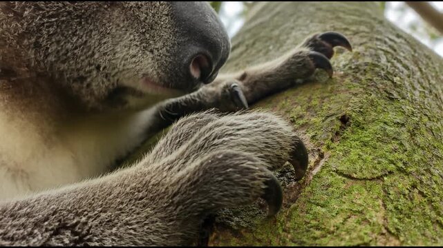 An extreme close up shot of a koala with textured grey fur and a dark nose as it clings to a mossy tree trunk, highlighting the sharp claws and detailed anatomy of the iconic Australian marsupial.