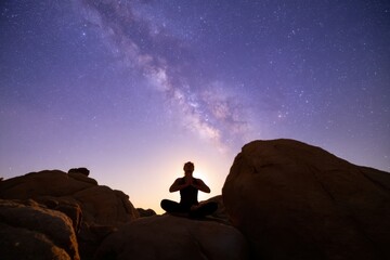 Obraz premium The Meditator Silhouette Under a Vibrant Milky Way Over Desert Rocks at Night