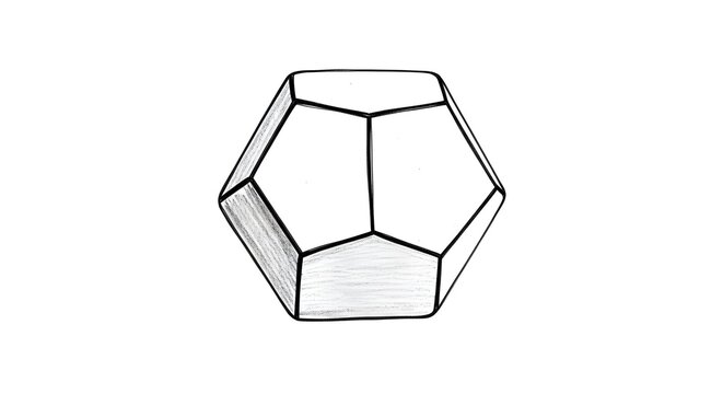 Geometric Wireframe Dodecahedron Illustration on White Background.