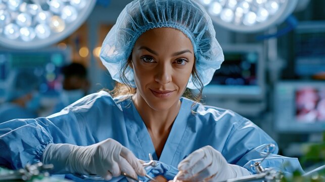 A highly skilled female surgeon in full sterile scrubs and surgical gloves performing laparoscopic hernia repair surgery, bright operating room lights overhead