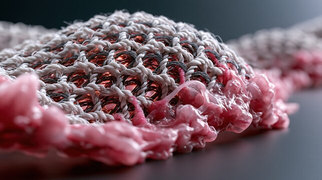 Extreme macro 3D render of a surgical polypropylene hernia repair mesh implant, photorealistic woven fiber texture with individual threads clearly visible