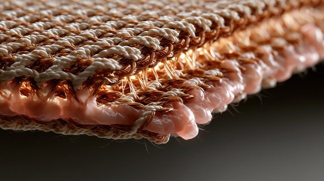 Extreme macro 3D render of a surgical polypropylene hernia repair mesh implant, photorealistic woven fiber texture with individual threads clearly visible