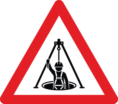 Manhole safety warning sign construction worker in harness entering confined space hazard symbol for work safety and danger vector illustration
