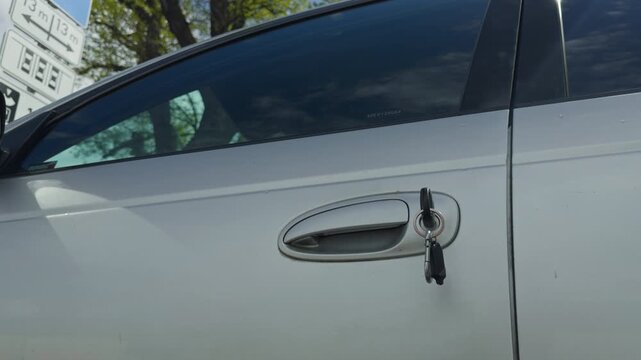 video showing vehicle door with keys dangling from lock and urban reflection