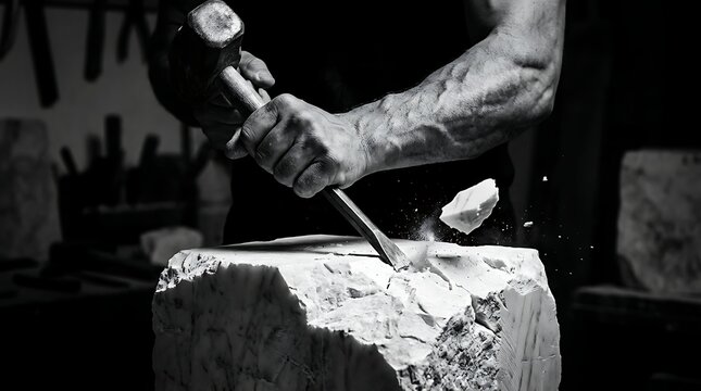 Sculptor using hammer and chisel to carve stone block