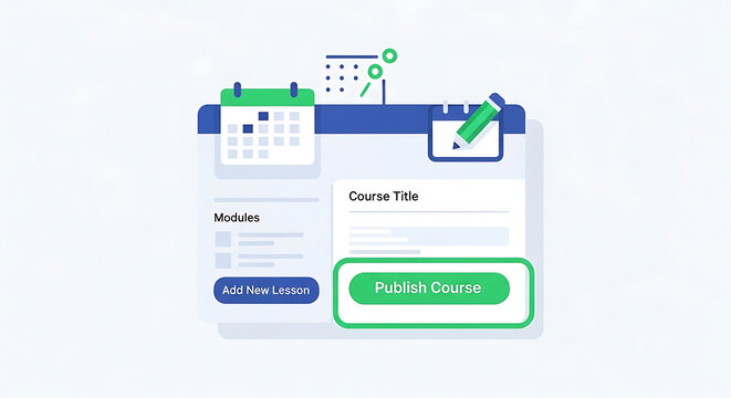 Online course creation platform interface with course title, modules, add lesson and publish button