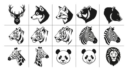 Collection of black and white animal head icons wildlife illustrations safari style vector graphics © Ritu
