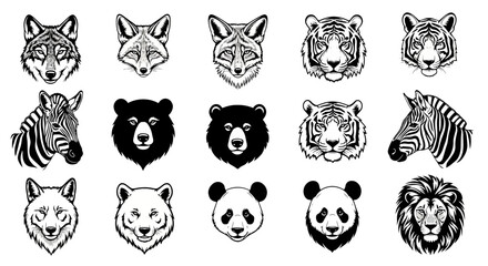 Detailed black and white animal faces illustrations set including wolf fox tiger zebra bear panda lion wildlife icons collection © Ritu