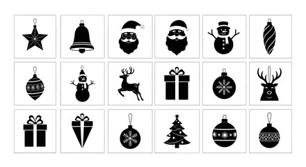 Black and white christmas icons set including santa claus gifts reindeer snowman and ornaments on white background © Ritu