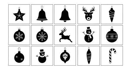 Christmas icons set including star bells reindeer snowman ornaments and candy cane on white background © Ritu