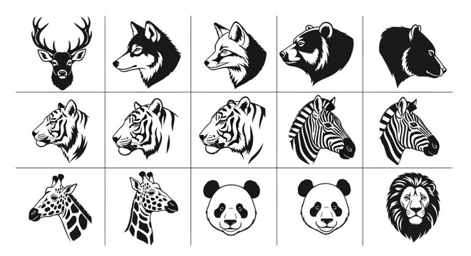 Collection of black and white animal head icons wildlife illustrations safari style vector graphics