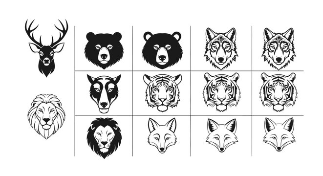 Detailed illustration of various wild animal heads in black and white including deer bear wolf tiger lion and fox