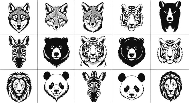 Detailed black and white animal face illustrations wildlife icons set various species graphic designs logo elements isolated on white background for commercial use
