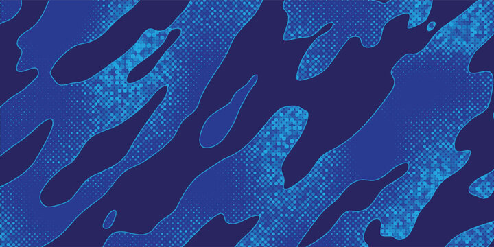 Edgy blue camo pattern background with technical halftone texture circles for modern gaming stream banner creative background