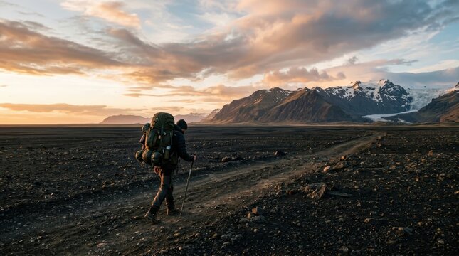 Hiker trekking with a heavy backpack across a mountain landscape