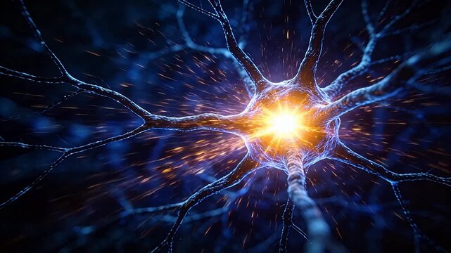 Close-up of glowing neuron cell body with branching dendrites in dark neural network