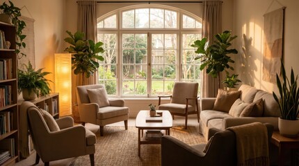 Fototapeta premium Cozy living room seating arrangement with large arched window overlooking garden and warm ambient lighting