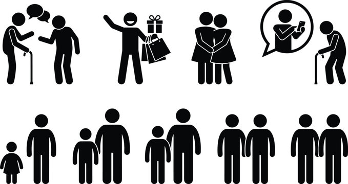 PrintHuman silhouette icons showing social interaction care relationships and generational progression for family support education and creative design resources