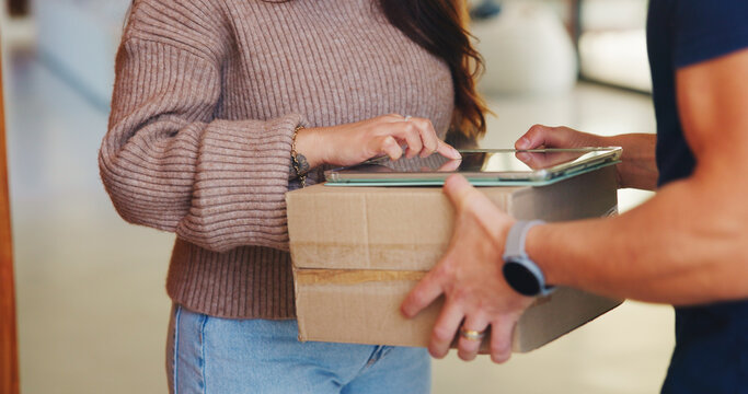 Logistics, hands and tablet in home for delivery, customer service and digital signature for box. Courier guy, woman and tech at house for ecommerce, shipping and package for small business support
