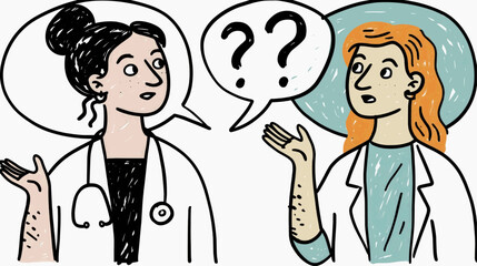 Fototapeta premium Two doctors in white coats discussing with question marks in speech bubble