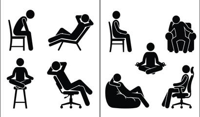 Mindful sitting and resting postures comparison showing ergonomic upright positions versus slouched relaxed poses for healthy lifestyle awareness illustration © MdArifur
