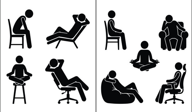 Mindful sitting and resting postures comparison showing ergonomic upright positions versus slouched relaxed poses for healthy lifestyle awareness illustration