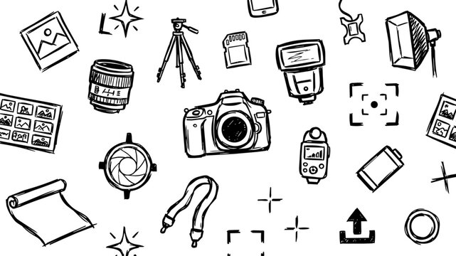 Photography studio camera scribble icon set