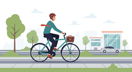 Fototapeta premium Man cycling in city with basket, healthy lifestyle, urban transport