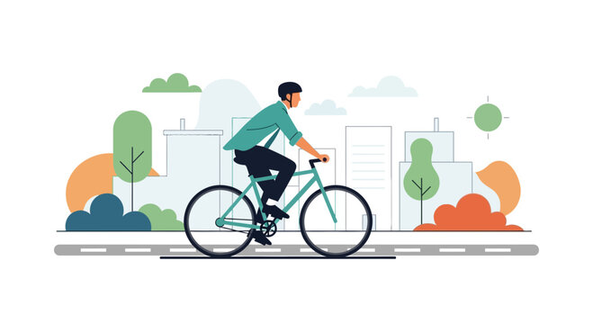 Man Cycling in City with Greenery and Buildings