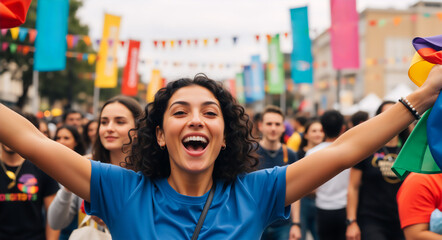 Happy woman celebrating at a Pride parade with a rainbow flag. Joyful person in a crowd at an lgbtq festival supporting equality and diversity