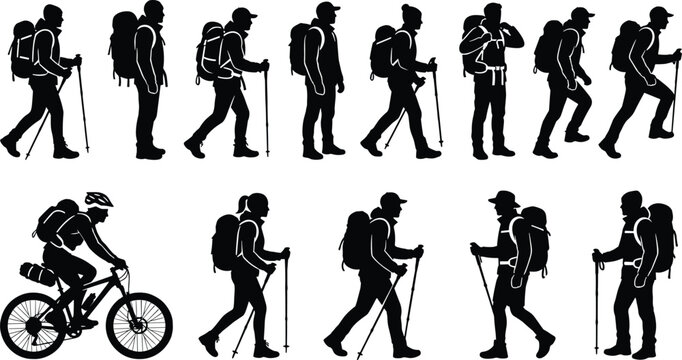 Outdoor silhouettes of hikers and cyclists with backpacks, trekking poles, and expressive movement poses representing adventure, exploration, recreation, and freedom