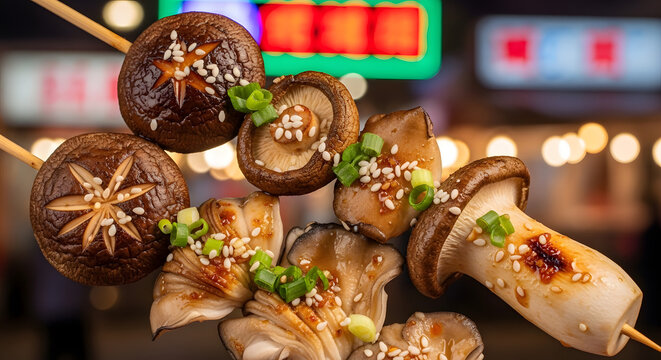 Taiwanese snack featuring grilled king oyster mushrooms on sticks against night market with bokeh and neon signs background