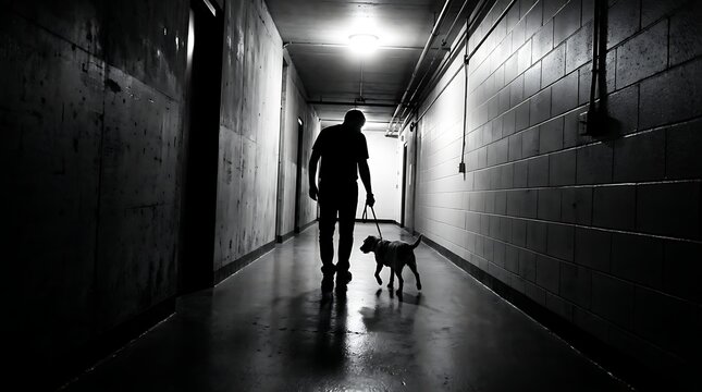 Silhouette of a man walking his dog down a dark hallway