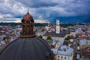 Obraz premium Aerial view on Dominican Church in Lviv, Ukraine from drone
