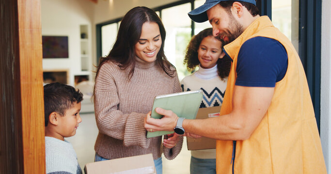 Delivery, family and man in home with tablet, friendly service or digital signature for confirmation. Mom, kids and courier guy with tech for parcel drop off, enter details or logistics at front door