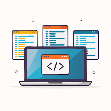 Laptop displaying code snippets and programming windows