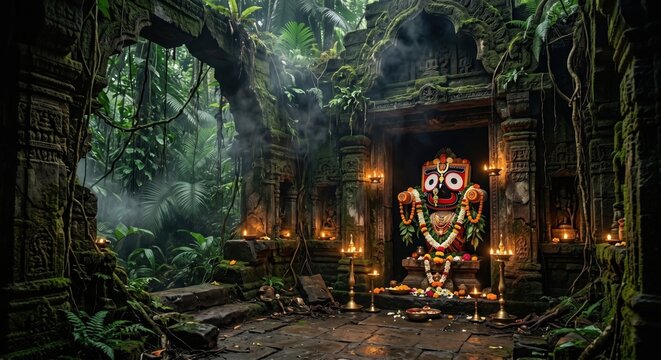 Lord Jagannath idol inside an abandoned jungle temple