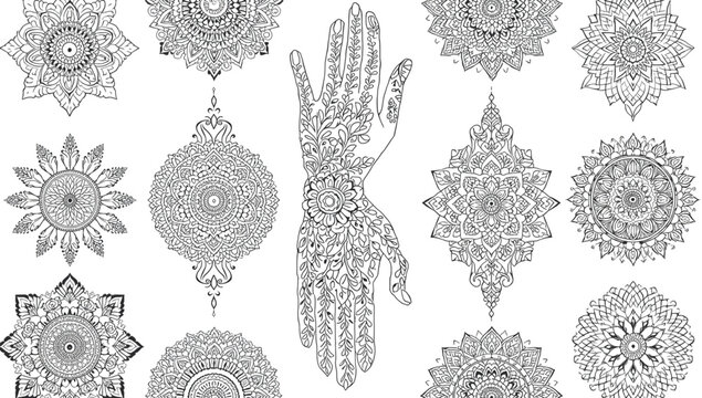 Intricate Mehndi Mandala Ornament Collection with Hamsa Hand Vector Art