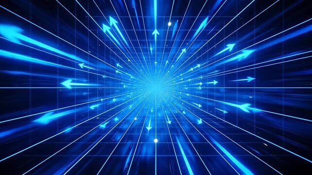Blue arrows radiating from bright center core on dark technology background with grid