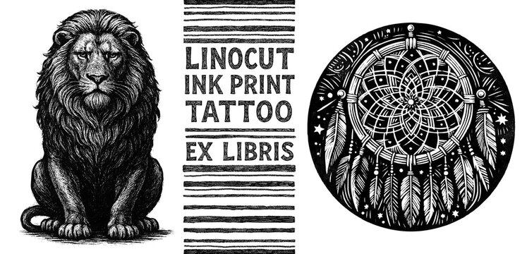 The Lion, the dreamcatcher, tattoo, print, linocut stamp, ex libris, ink