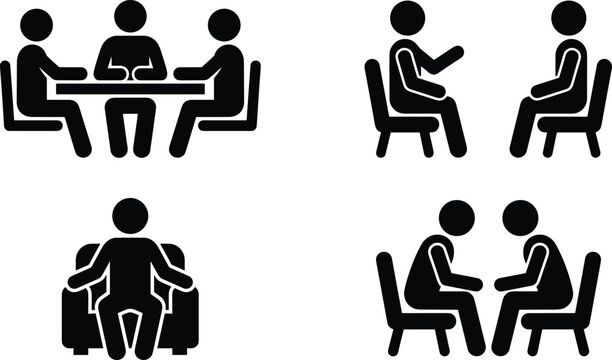 PrintSilhouette icons of seated people in meetings, interviews, conversations, and relaxation representing diverse interpersonal communication and social interaction styles