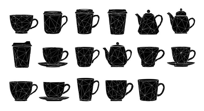 Set of black coffee cup silhouettes with low poly geometric wireframe patterns and polygonal lines isolated on white background for creative cafe branding design