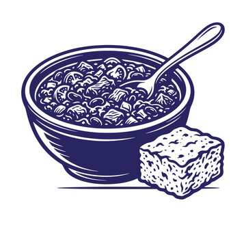 Stylized blue linocut illustration of a bowl of hot chunky vegetable stew or chili served with a spoon and a square piece of cornbread on a white background, cornbread