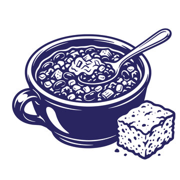 Blue linocut graphic of a ceramic soup mug filled with hearty vegetable stew or chili accompanied by a spoon and a square portion of cornbread on the side, cornbread