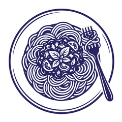 Fototapeta premium Stylized graphic illustration of a delicious plate of italian spaghetti pasta topped with tomato sauce and fresh basil leaves with a fork twisting noodles on the side