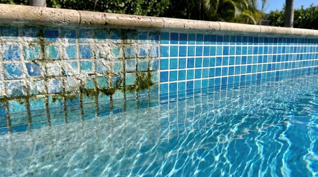 Mosaic pool tile panel with partial algae and clean section visible at shallow waterline in outdoor backyard pool under sunlight