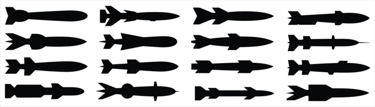 Military missile weapons and rocket bomb silhouettes set isolated on white background. Army war ammunition shapes collection