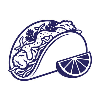 Minimalist blue line drawing of a mexican taco filled with meat and herbs served with a fresh lime wedge vector food illustration for menus cilantro tortilla isolated