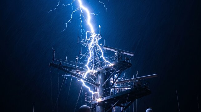  Dramatic close-up of a powerful lightning bolt striking the communication mast and radars of a cargo ship during a heavy night storm. Maritime danger and insurance concept